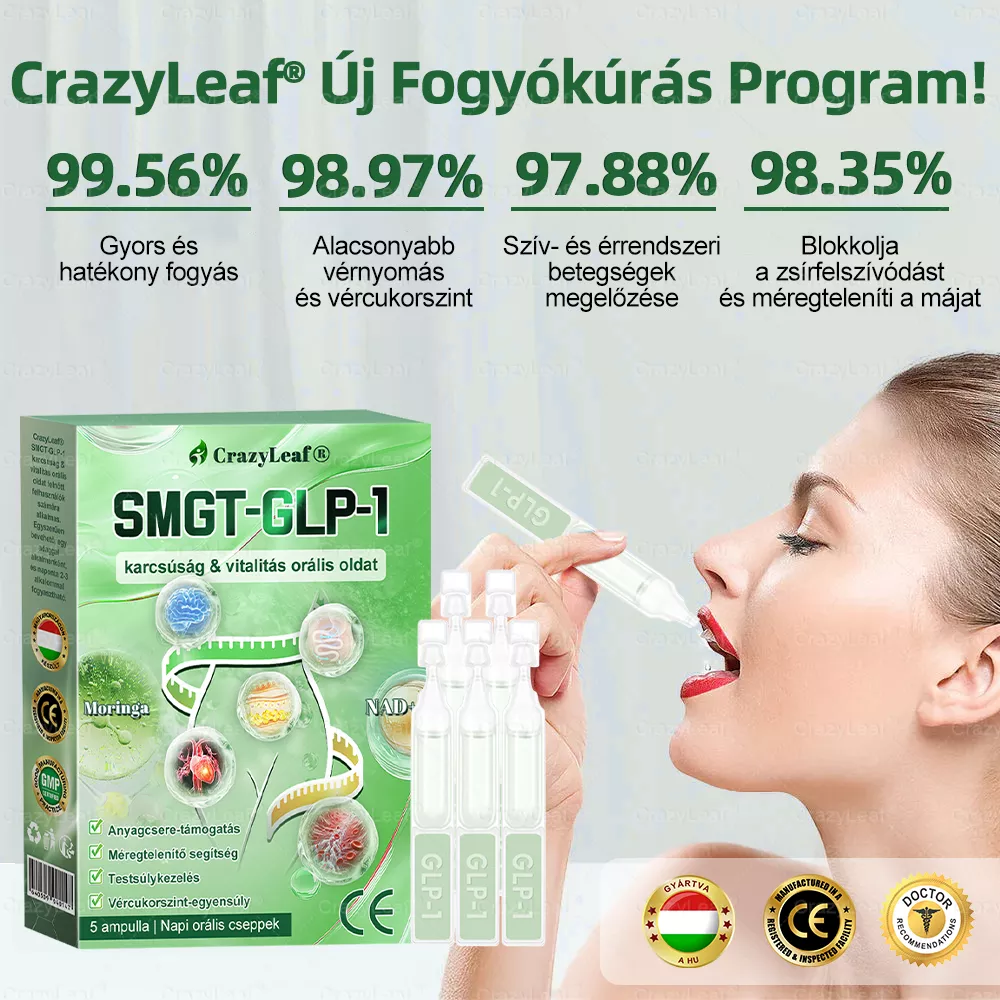 CrazyLeaf® SMGT-GLP-1 karcsúság & vitalitás orális oldat célpontjai a makacs testsúly, magas vérnyomás, vércukorszint, zsírmáj, ízületi fájdalom, fáradtság, alacsony energia, megereszkedett bőr és még sok más a jobb egészség és vitalitás érdekében.
