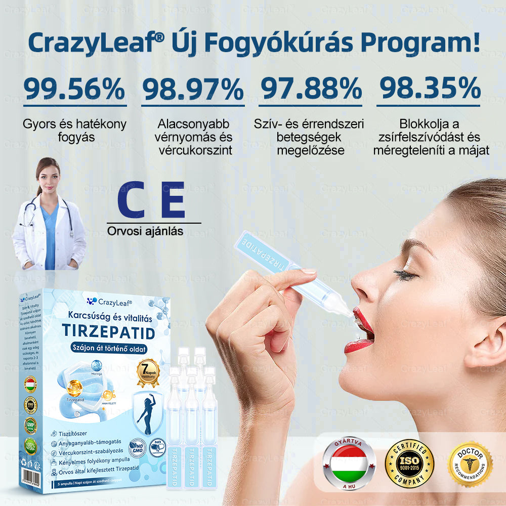 Klinikailag igazolt Magyarországon | Hivatalos áruház | CrazyLeaf® Slim & Vitality szájon át szedhető oldat makacs fogyás, magas vérnyomás, vércukorszint, zsírmáj, ízületi fájdalom, alacsony energiaszint és laza bőr esetén
