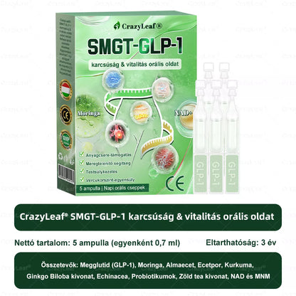CrazyLeaf® SMGT-GLP-1 karcsúság & vitalitás orális oldat célpontjai a makacs testsúly, magas vérnyomás, vércukorszint, zsírmáj, ízületi fájdalom, fáradtság, alacsony energia, megereszkedett bőr és még sok más a jobb egészség és vitalitás érdekében.