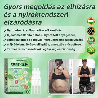 CrazyLeaf® SMGT-GLP-1 karcsúság & vitalitás orális oldat célpontjai a makacs testsúly, magas vérnyomás, vércukorszint, zsírmáj, ízületi fájdalom, fáradtság, alacsony energia, megereszkedett bőr és még sok más a jobb egészség és vitalitás érdekében.